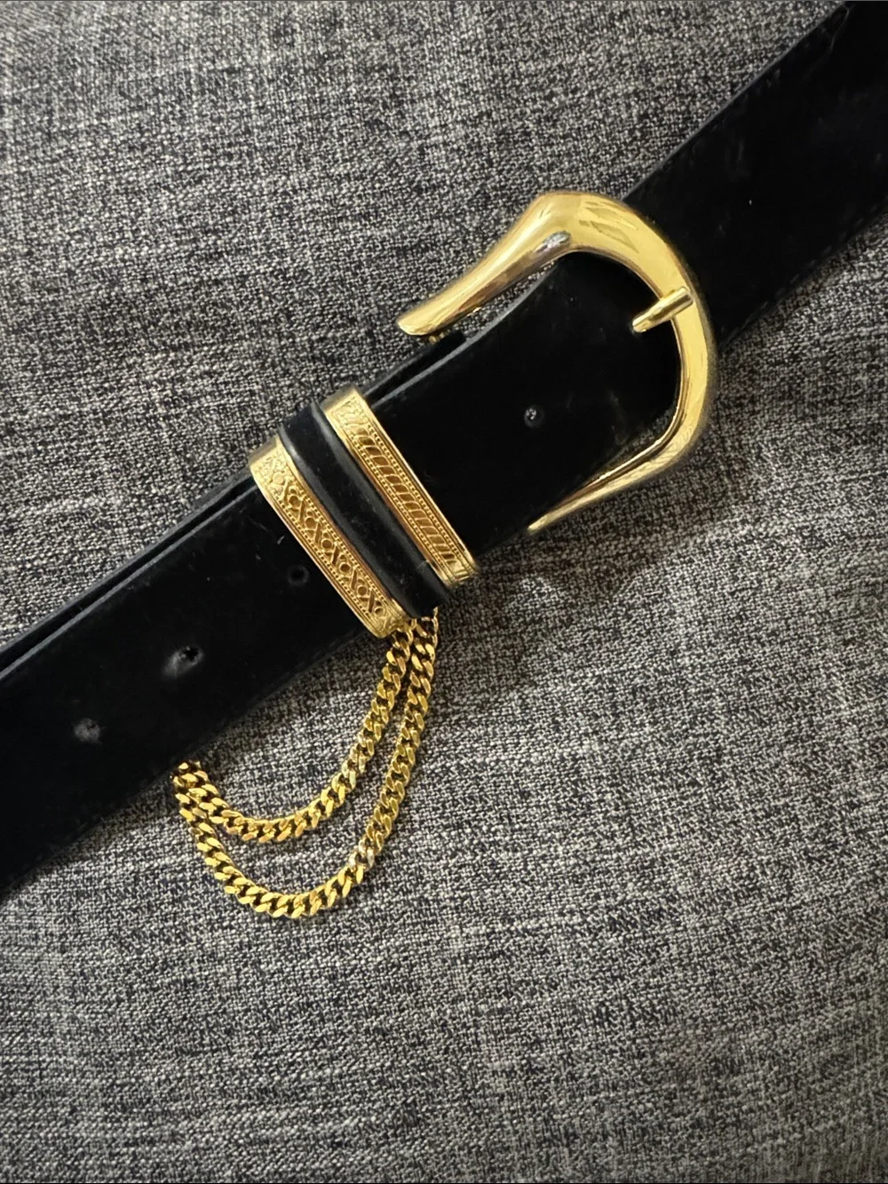 Vintage Black Velvet Belt Gold Buckle Double Chain